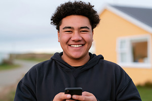 A young Maori man types on his