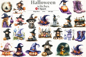 Halloween  witches Clipart, an Illustration by Watercolor design