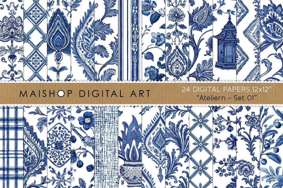 Blue Toile de Jouy Pattern Paper Set, a Pattern Graphic by Maishop (Photo 1 of 15)