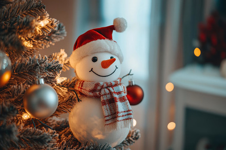 Cheerful snowman adorns Christmas tr, a Photo by Tanuart