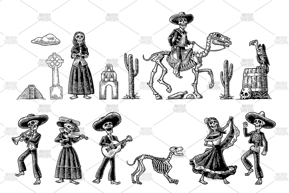 Bundle engraving mexican skeleton, an Illustration by MoreVector (Photo 3 of 14)