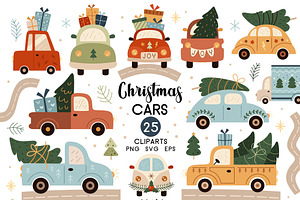 Retro Christmas cars clipart, a Transportation Illustration by JulzaArt