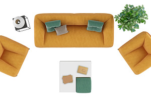 top view of a Living room set with sofa and armchair on white background