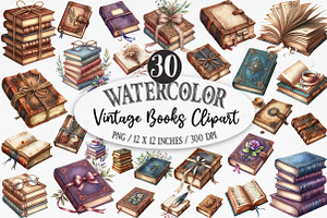 Watercolor Vintage Books Clipart, an Illustration by Designking