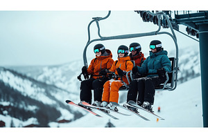 Four skiers wearing helmets and ski, an Abstract Photo by Sergey Kotenev