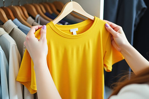 Woman Choosing a Yellow T Shirt, a Beauty & Fashion Photo by Stock Shape