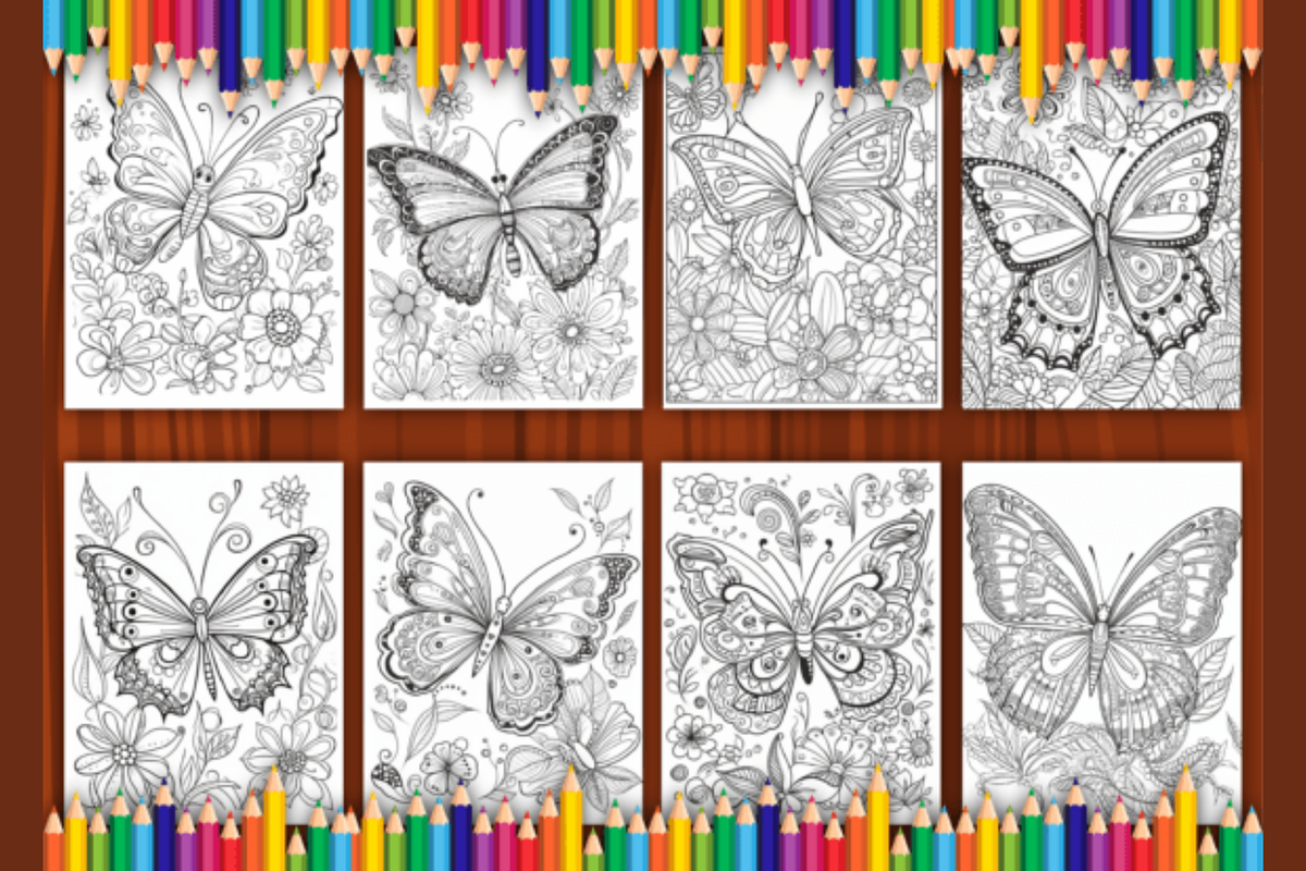 Butterfly Coloring Pages for Adults, an Illustration by shopcosm, image size:1200x800