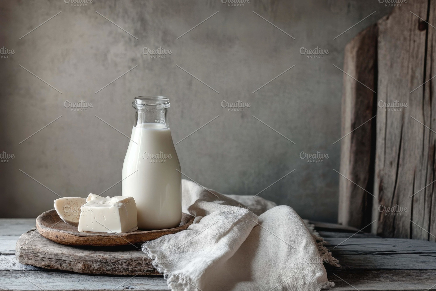 Bottle of milk and fresh cheese on a, a Photo by Tanuart