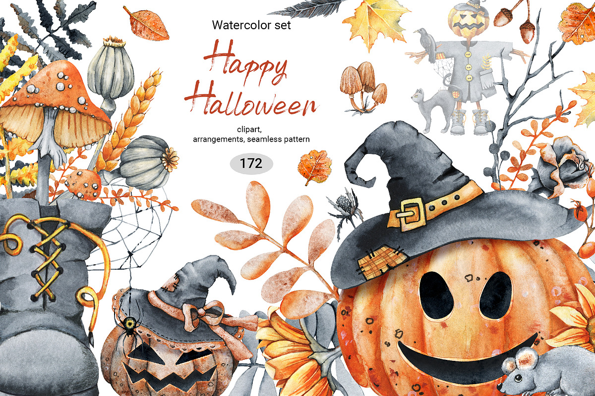 Happy Halloween watercolor clipart, an Illustration by Artmanata (Photo 1 of 22)