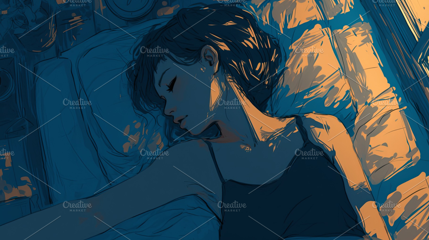 Illustrative artwork of a young woman sleeping peacefully in soft lighting, a Photo by AS photostudio