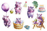 Birthday Hippo – Watercolor Clipart, an Illustration by IrynaPanashii (Thumbnail 2 of 9)