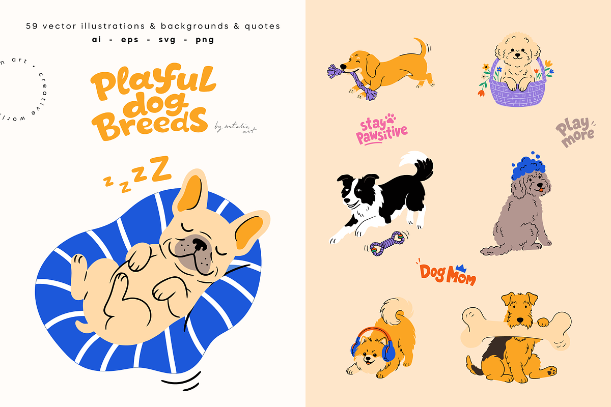 Playful Dog Breeds | Vector Pack, an Animal Illustration by Nutalin Art (Photo 1 of 12)