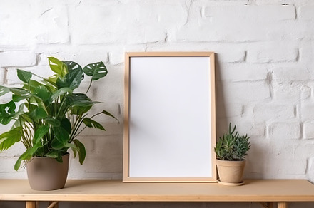 Blank print frame mockup with plants and decor on light backgrou, a Photo by Dvoevnore photos