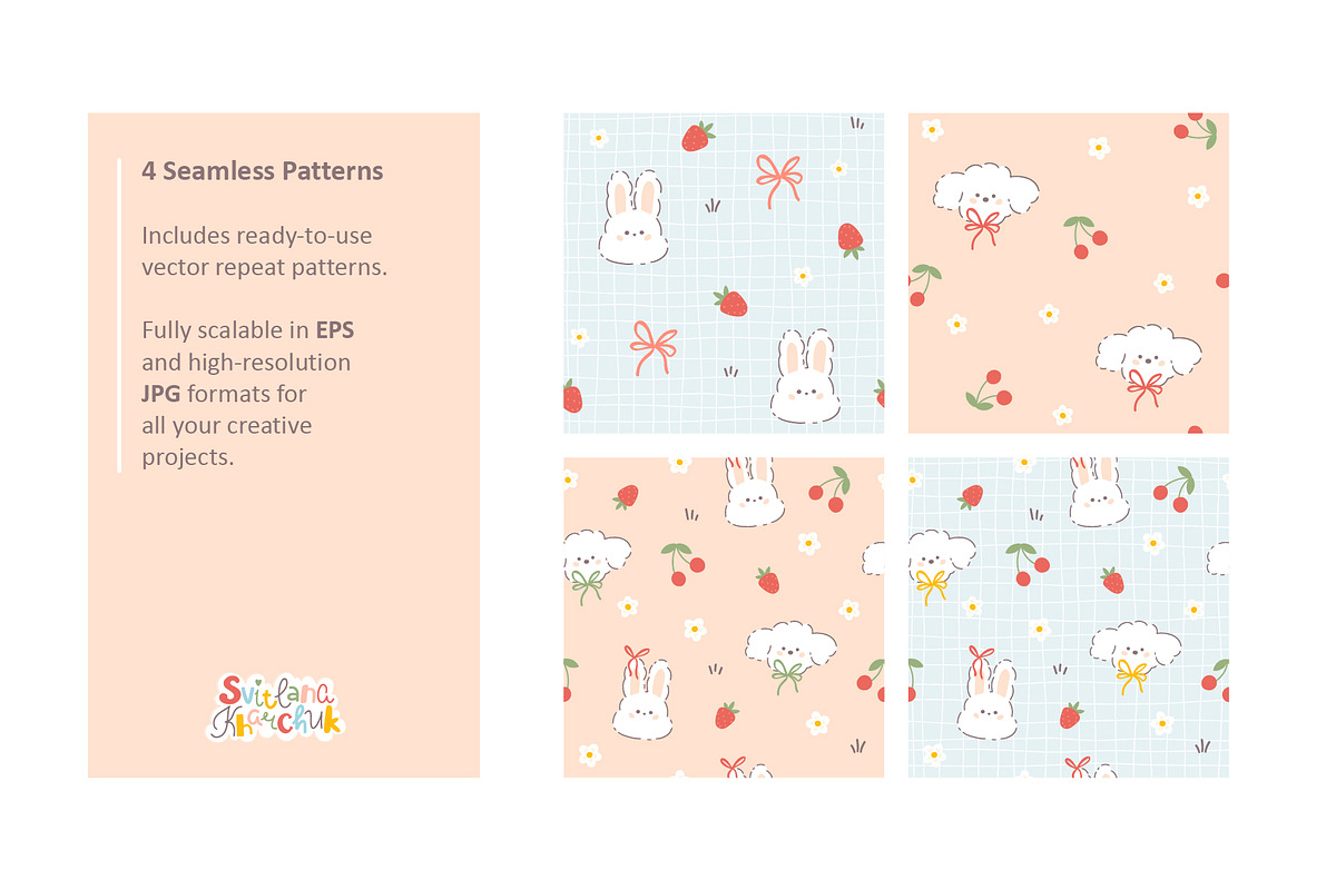 Berry Bunny Puppy Seamless Patterns, a Pattern Graphic by Svitlana Kharchuk (Photo 2 of 11)