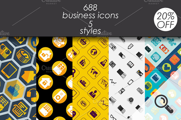 688 Business Icons. 5 Styles