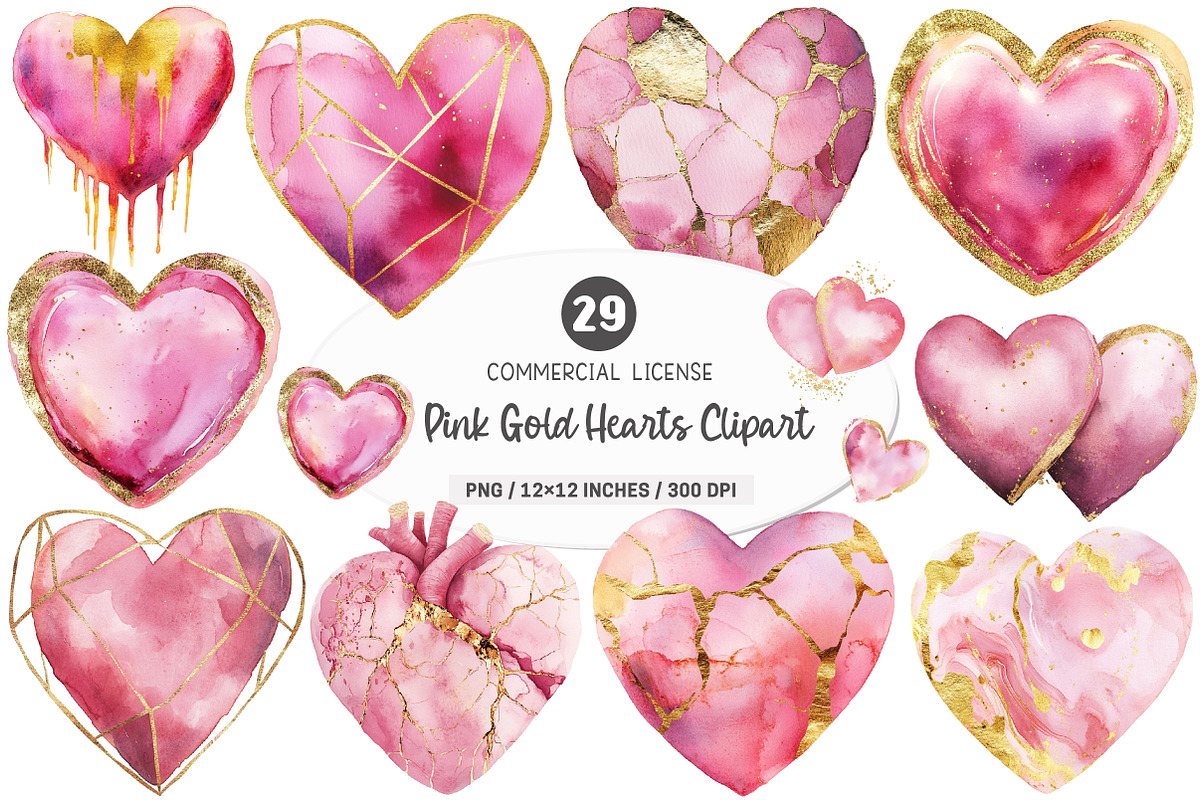 Pink Gold Hearts Clipart Bundle, an Illustration by SinaCreation (Photo 1 of 5)