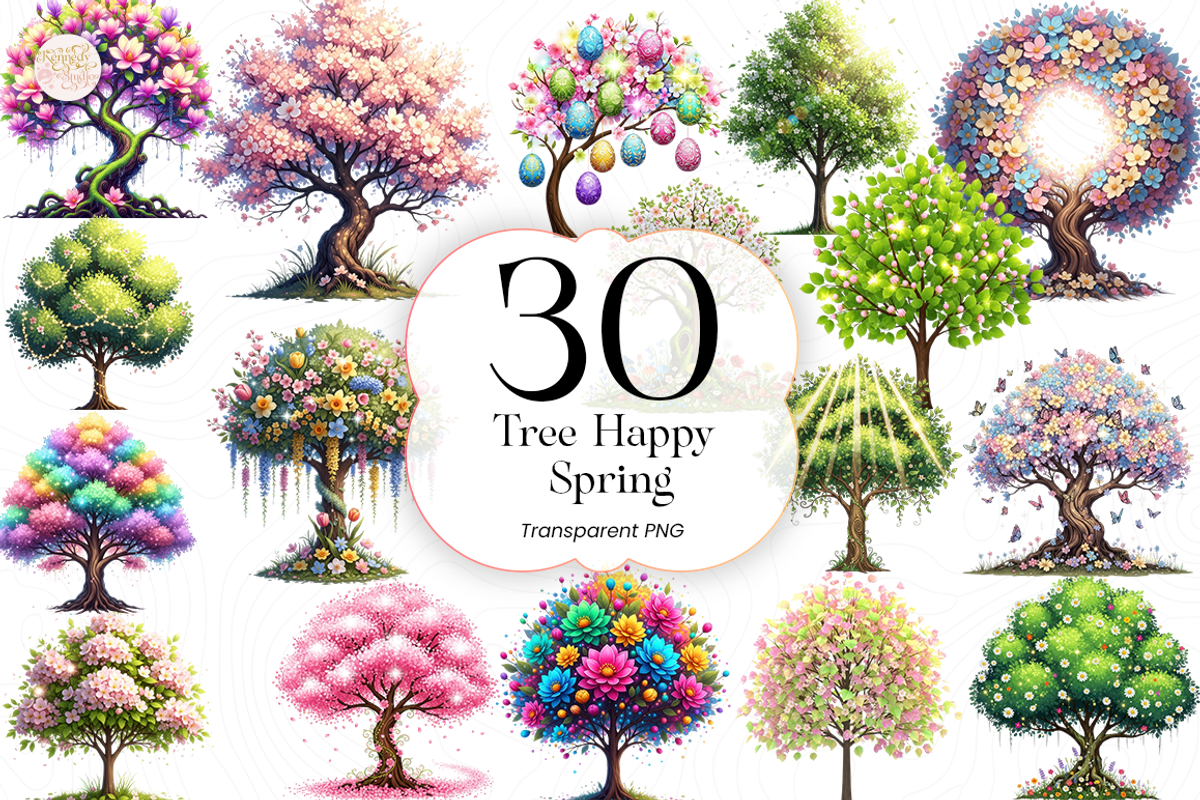 Happy Spring Tree Clipart - Pink., an Illustration by KennedyStudio (Photo 1 of 5)