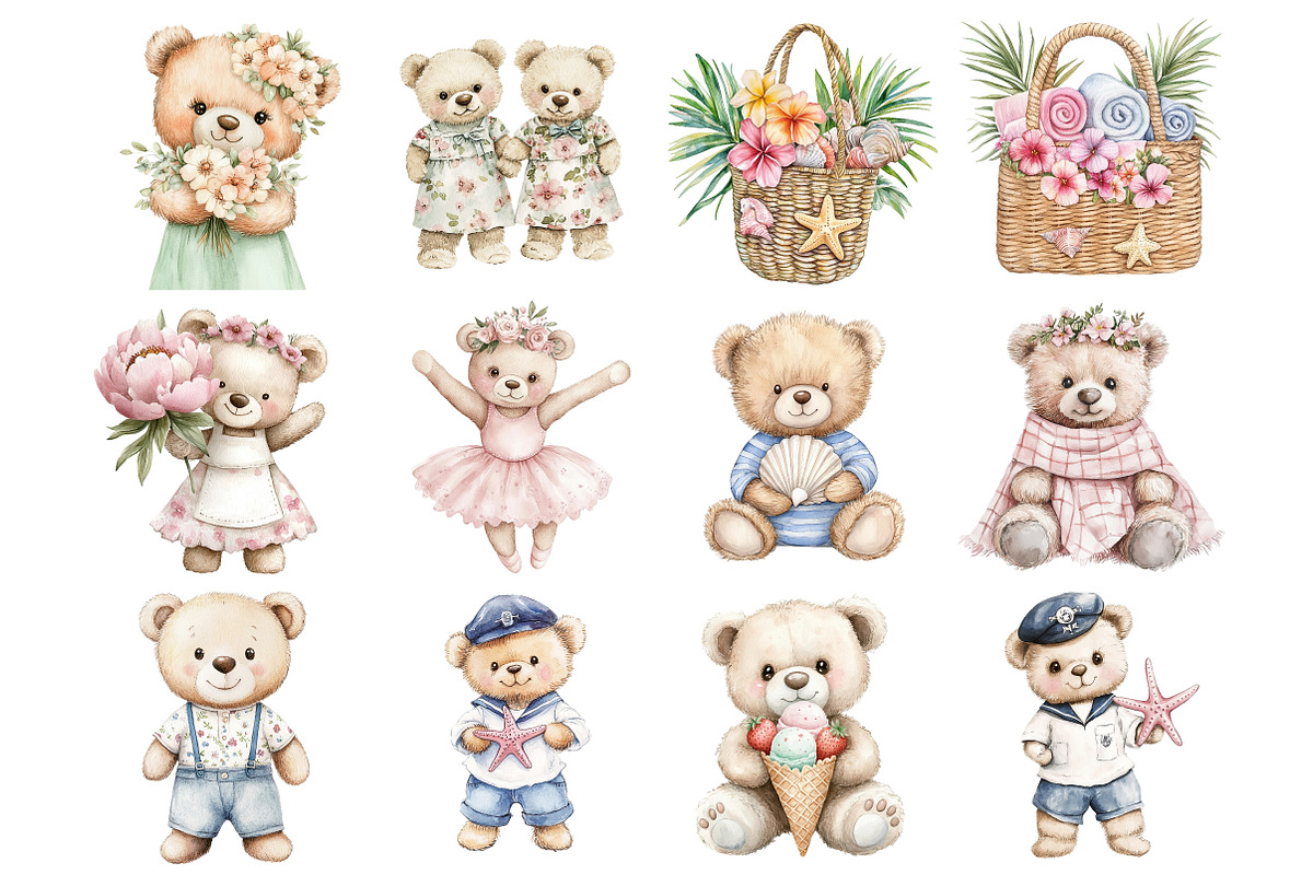 Watercolor Summer Teddy Bear Clipart, a Seasonal Illustration by CitraGraphics (Photo 2 of 4)