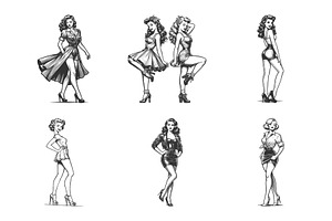Pin Up Women Fashion Poses engraving, a Person Illustration by AlexArt