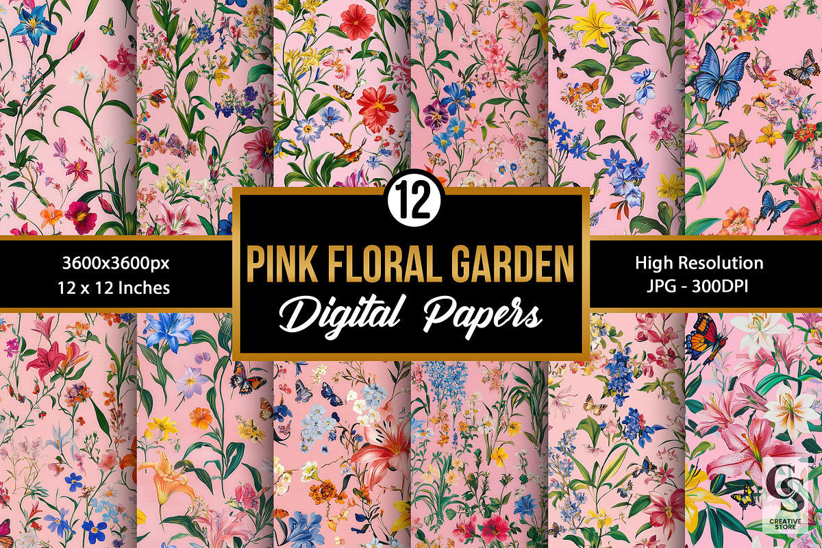 Pink Floral Garden Digital Papers, a Pattern Graphic by Creative Store (Photo 1 of 5)