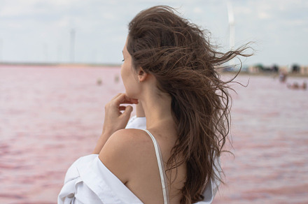 young girl near pink lake, a Person Photo by Arymer