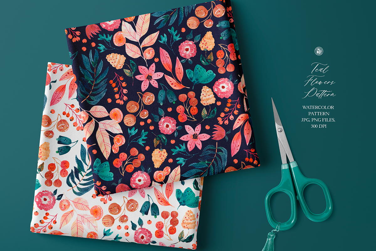 Teal Flowers Watercolor Pattern, a Pattern Graphic by Webvilla Studio (Photo 5 of 8)