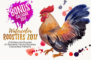 watercolor roosters family & 2017, an Animal Illustration by Graphobia (Thumbnail 1 of 13)