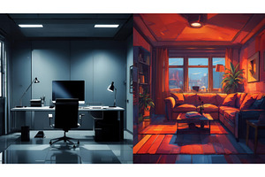 A split image featuring a modern, an Illustration by tilialucida