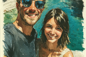 Watercolor Travel Portrait of Smiling Couple with Dog by Scenic, a Person Photo by José Manuel Gelpi