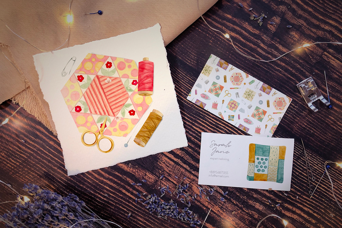 Quilting and Patchwork Clipart, an Illustration by Julia M. Watercolor (Photo 3 of 7)