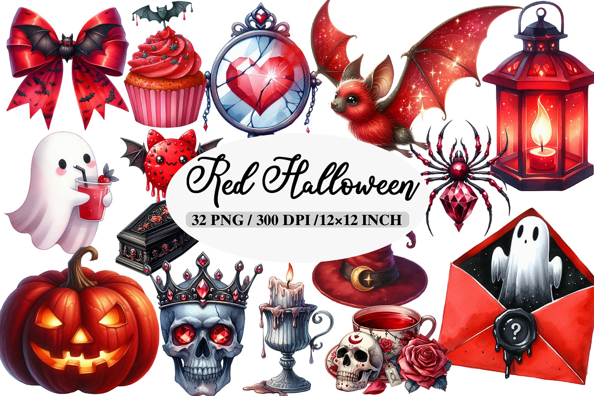 Watercolor Red Halloween Clipart, an Illustration by Daily.Designs (Photo 1 of 4)