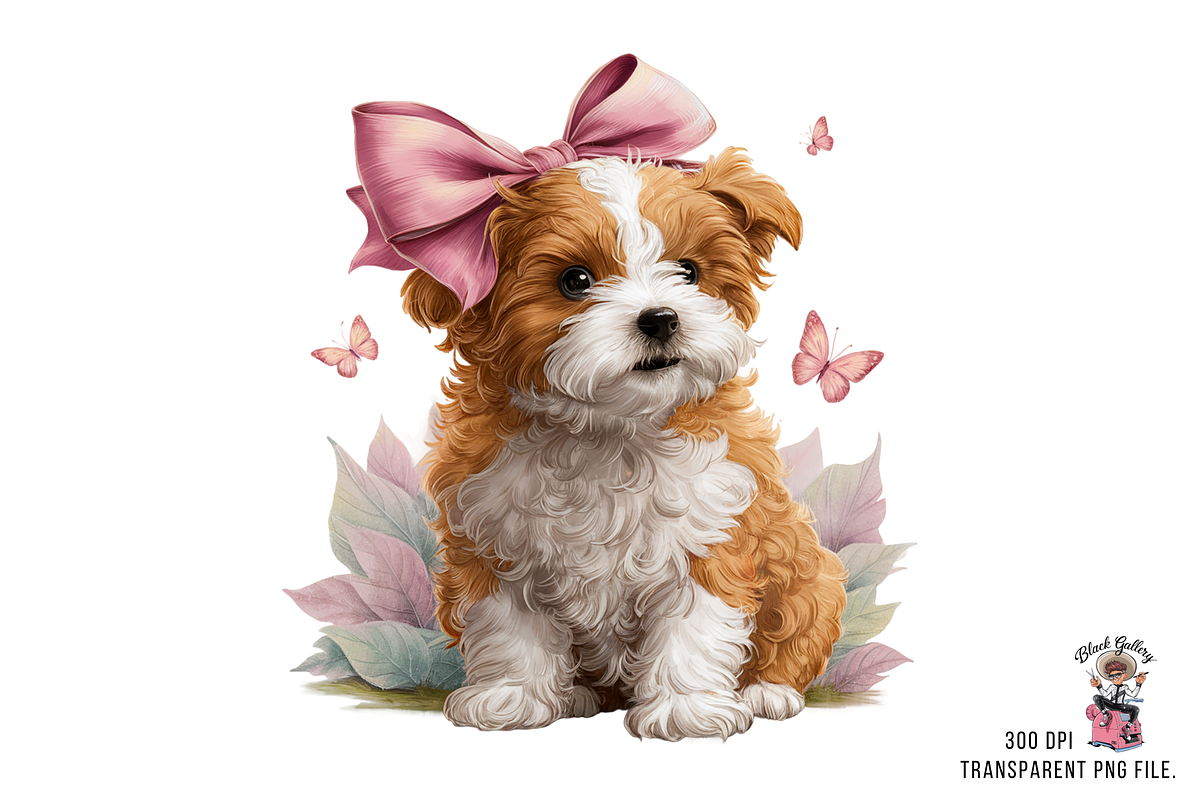 Puppy Clipart with Pink Bow PNG, an Illustration by Clipart Bloom