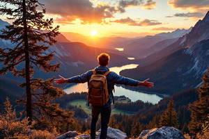 Hiker stands with arms wide open, a Nature Photo by Volff