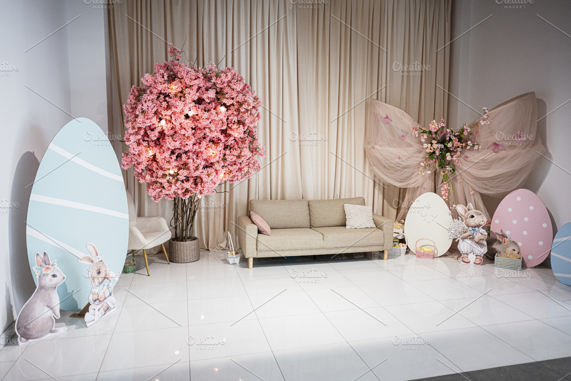 Easter themed living room setup with decorated eggs and festive bunny decoratio, a Photo by AS photostudio