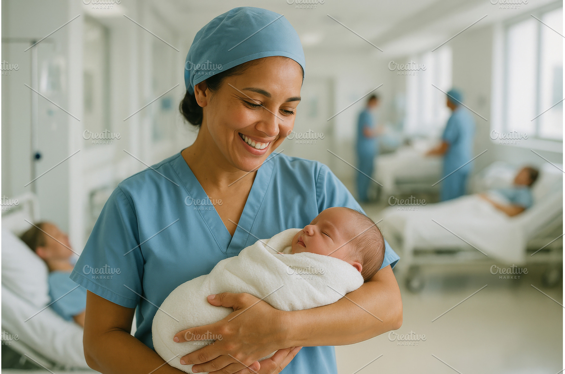 Nurse smiles while holding newborn, a Health & Medical Photo by Ungvar Studio