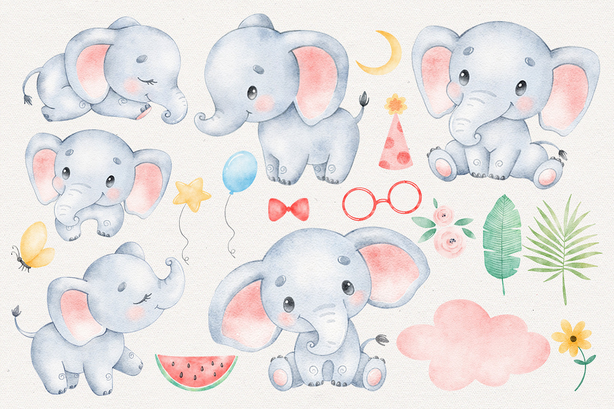 Cute Elephant Watercolor Clipart, an Animal Illustration by BonbonnyDesigns