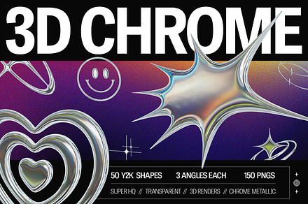 150 3D Y2K Chrome Metallic Shapes, an Object Graphic by Fivehead Studio
