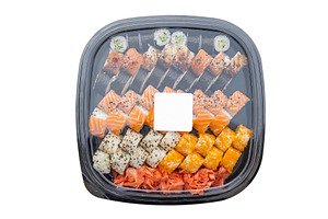 Sushi box with blank label on top, a Food & Drink Photo by BOOCYS