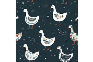 Cute cartoon geese among the stars, an Animal Illustration by Toltemara