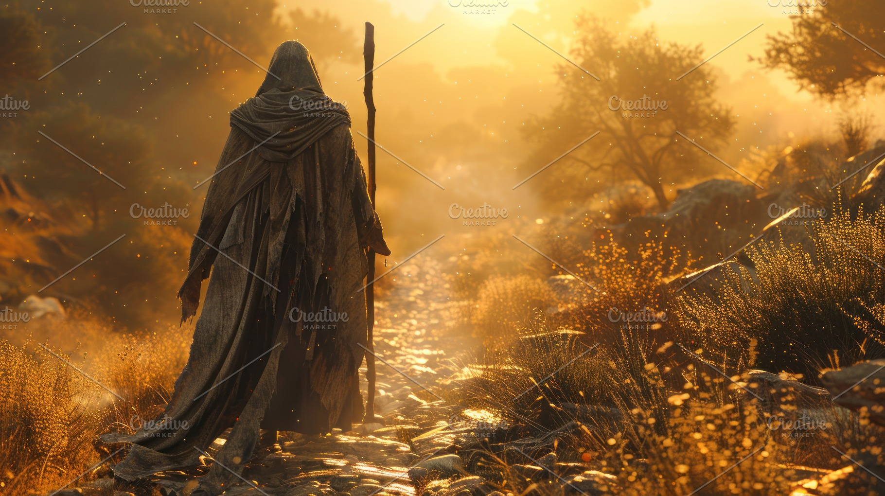 Mysterious hooded figure walking a golden forest trail at sunris, a Photo by José Manuel Gelpi