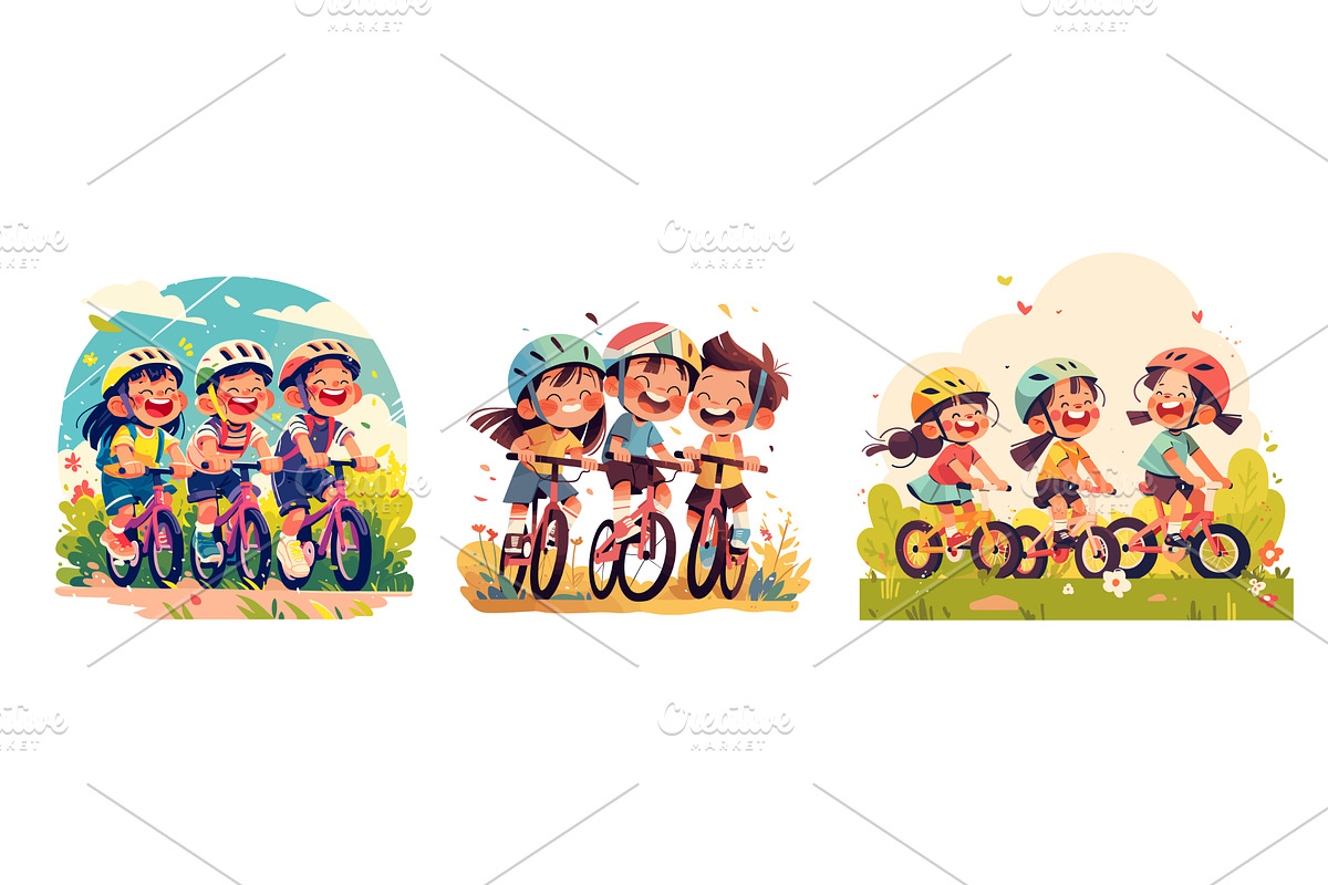 Children ride bicycle. Three kids, a Sport Illustration by Stock-Smart-Start