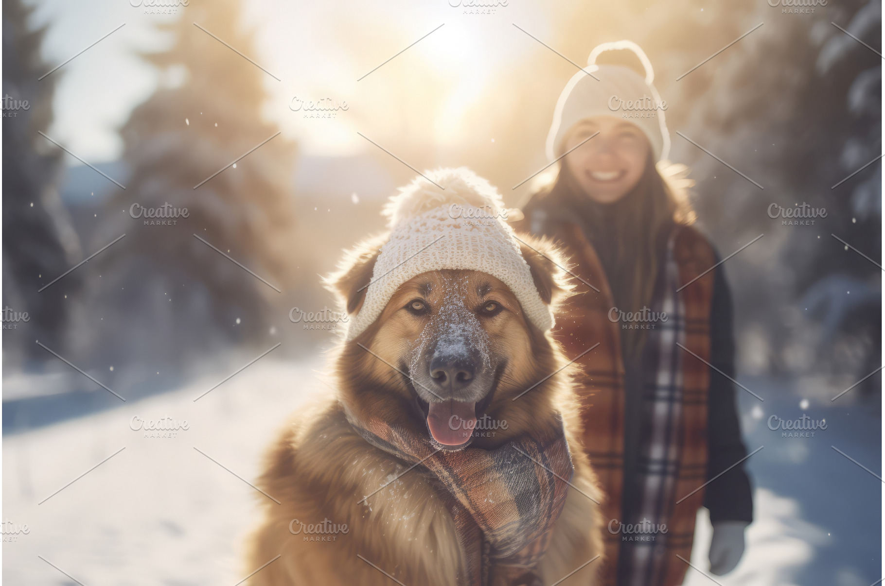 Woman with dog wearing warm hats in, an Animal Photo by Ylivdesign