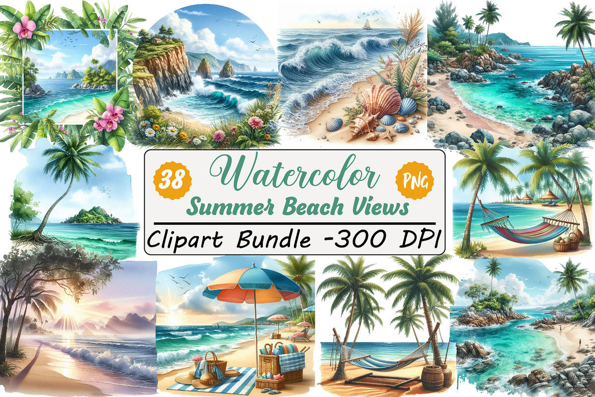 Watercolor Summer Beach Views PNG, an Illustration by DreamCafeArt (Photo 1 of 8)
