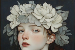 A Portrait Of A Young Woman With A Serene Expression, Adorned With A Floral Cro