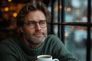 Thoughtful middle-aged Caucasian man enjoying a warm drink by a rainy window, r, a Person Photo by ImageMir