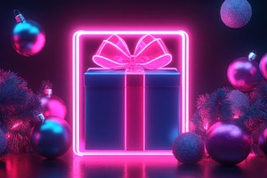 Colorful neon gift box surrounded by, a Photo by Tanuart