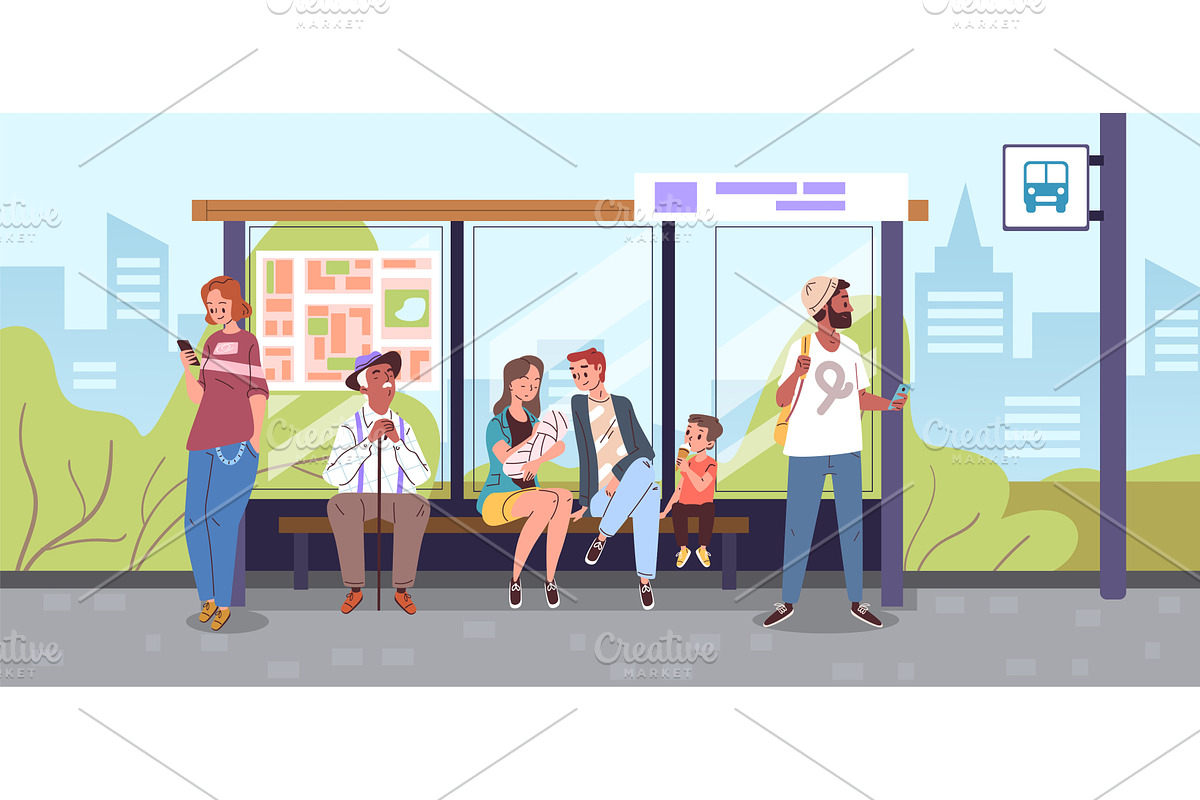 People bus stop. Person waiting city, a Transportation Illustration by Stock-Smart-Start