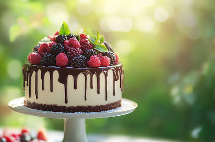 Delicious cake with frosting cream and ripe berries, a Food & Drink Photo by AlyaAnd