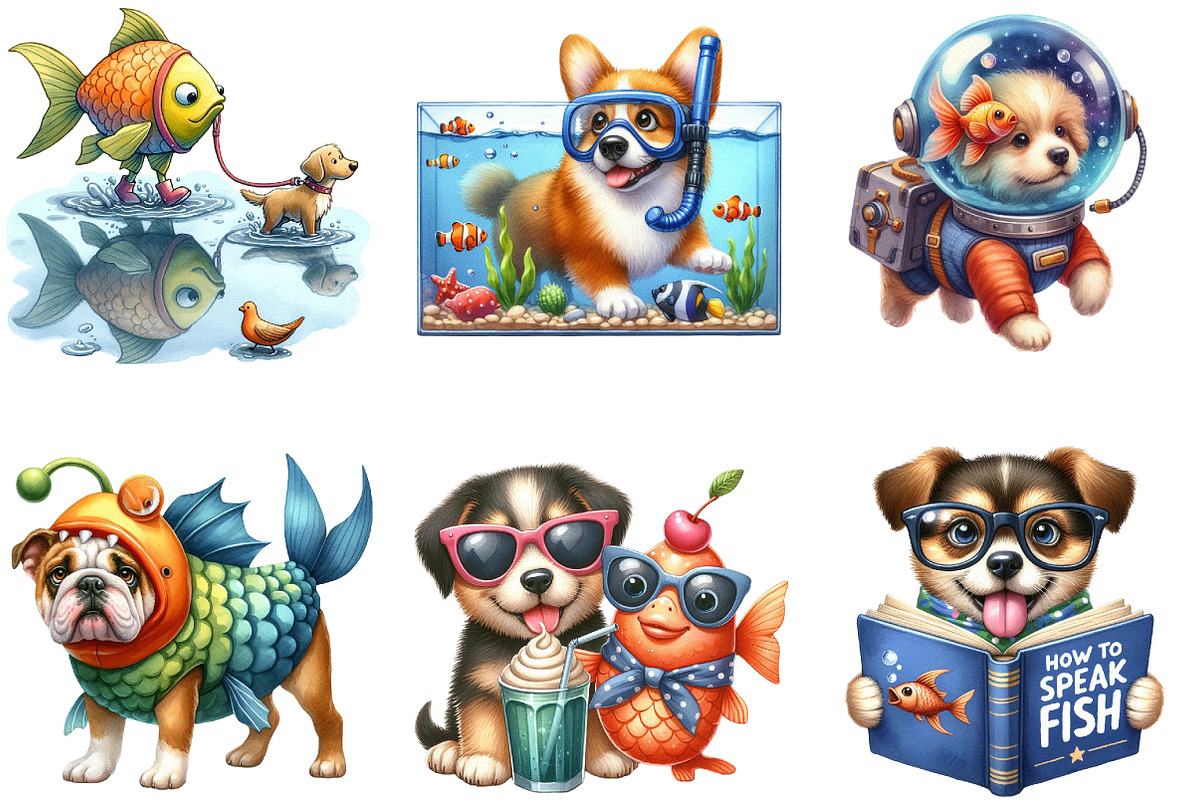 Quirky Dog and Fish Clipart, an Illustration by DreamArtGraphic (Photo 4 of 5)