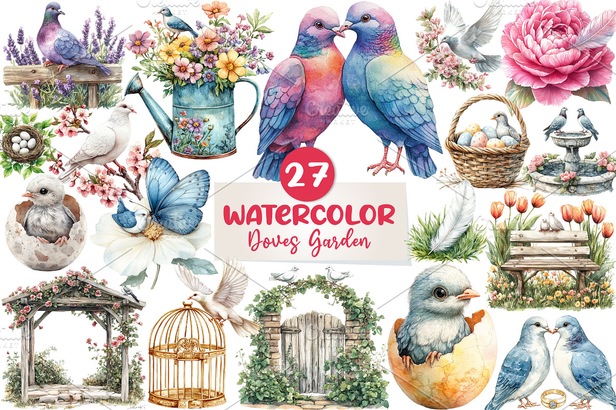 Spring Doves Garden Clipart, an Illustration by CreationArt (Photo 1 of 5)